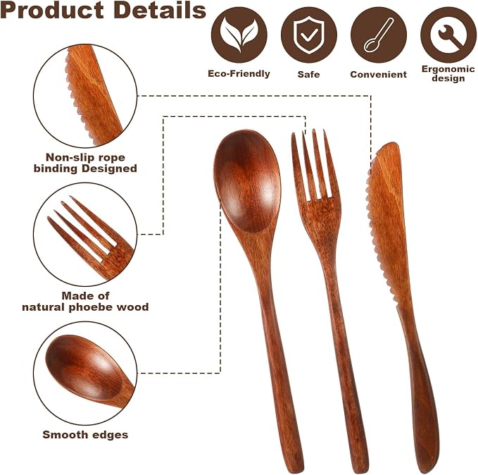 24 Pcs Wooden Utensil Set for Eating Wooden Spoon Fork Knife Wood Cutlery - Image 3