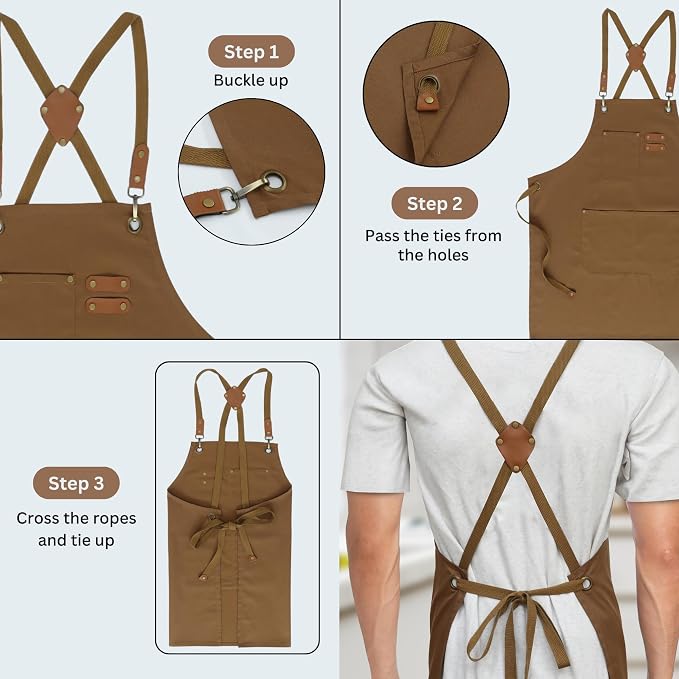 RUVANTI Work Aprons for Men, Oil & Water Repellent, PolyCotton Cross Back - Image 4