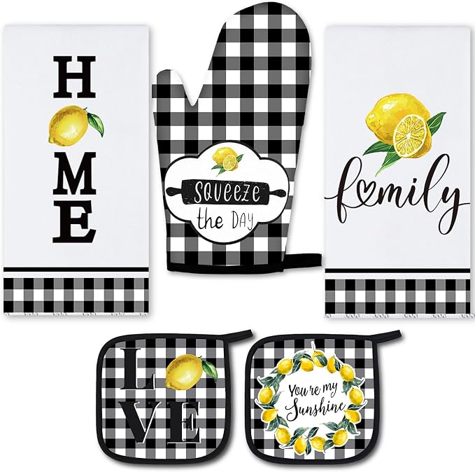 5 Pieces Buffalo Plaid Kitchen Towels Oven Mitts and Pot Holder Set Black and by Rtteri