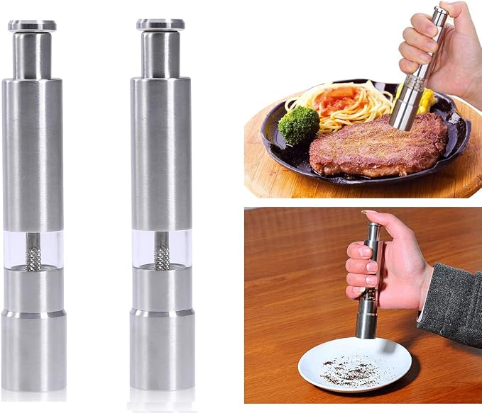Salt and Pepper Grinder Set of 2, Stainless Steel Push Button Grinder Modern - Image 2