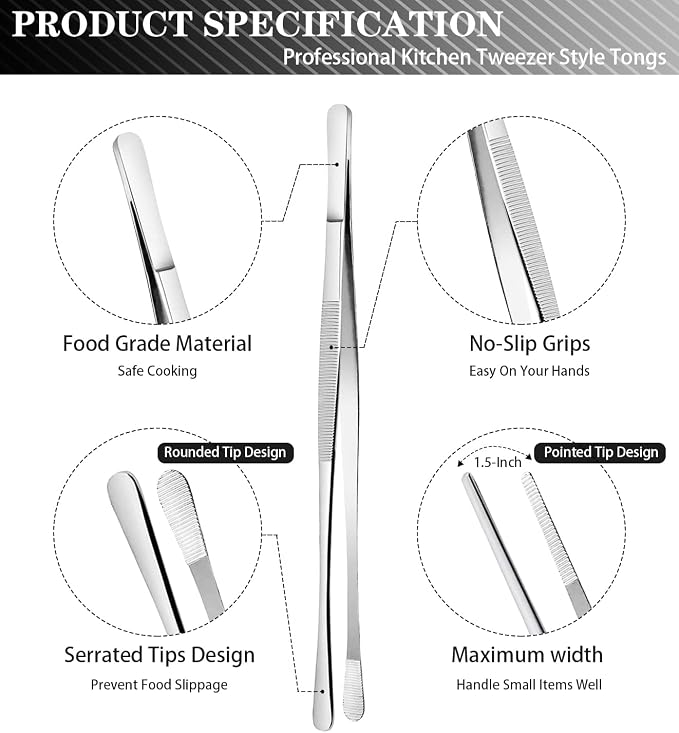 JETKONG 2 Pcs 10-Inch Cooking Tweezers Stainless Steel, Straight Food Tweezers - Image 2