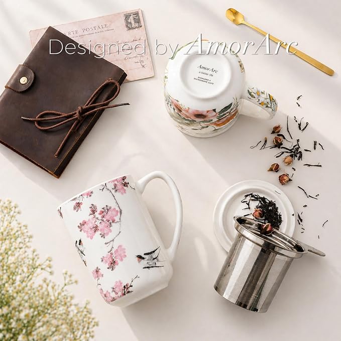 AmorArc Porcelain Tea Mug with Infuser and Lids, 18 Oz Coffee Cup Strainer with - Image 5