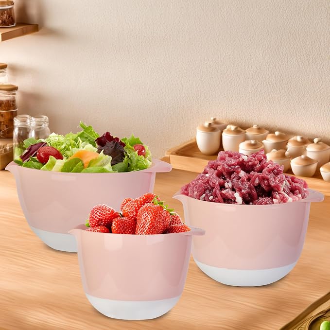 3 Mixing Bowls Set with Lids, Pour Spout and TPR Bottom, Plastic Nesting Bowl - Image 5