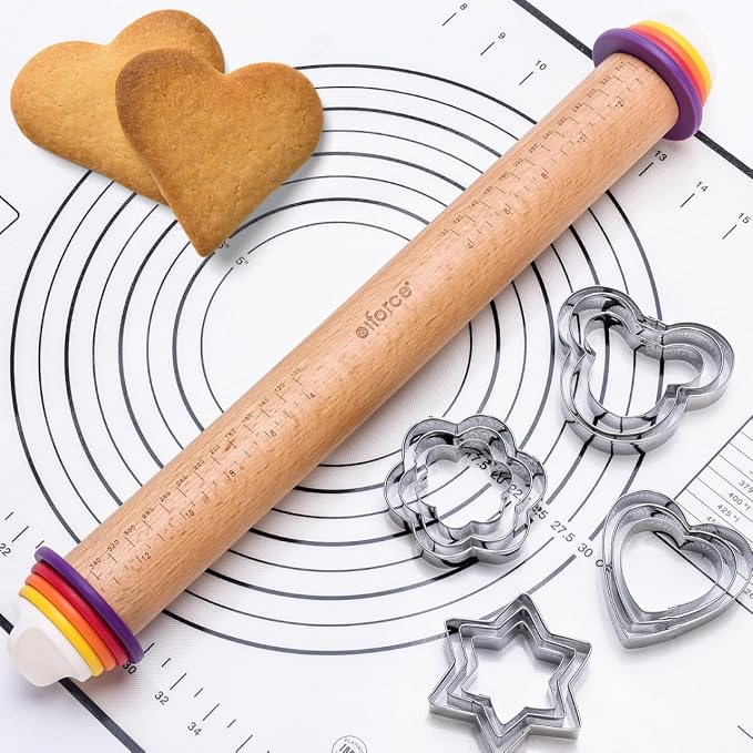 Wooden Rolling Pin with Thickness Rings and Pastry Baking Mat, Pie Crusts by OlforceDOITFORYOU