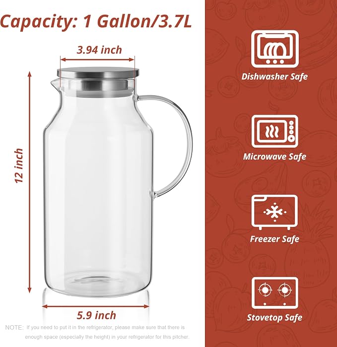 1 Gallon Glass Pitcher with Lid and Handle, Glass Water Carafe - Image 2