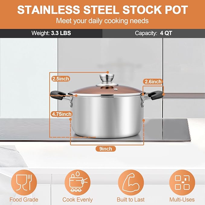 TeamFar Stock Pot 4qt, Stainless Steel Stock Soup Pasta Pot - Image 2