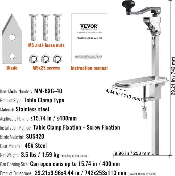 VEVOR Commercial Can Opener, 23.2"/59cm Long, Stainless Steel Manual Table Can - Image 8