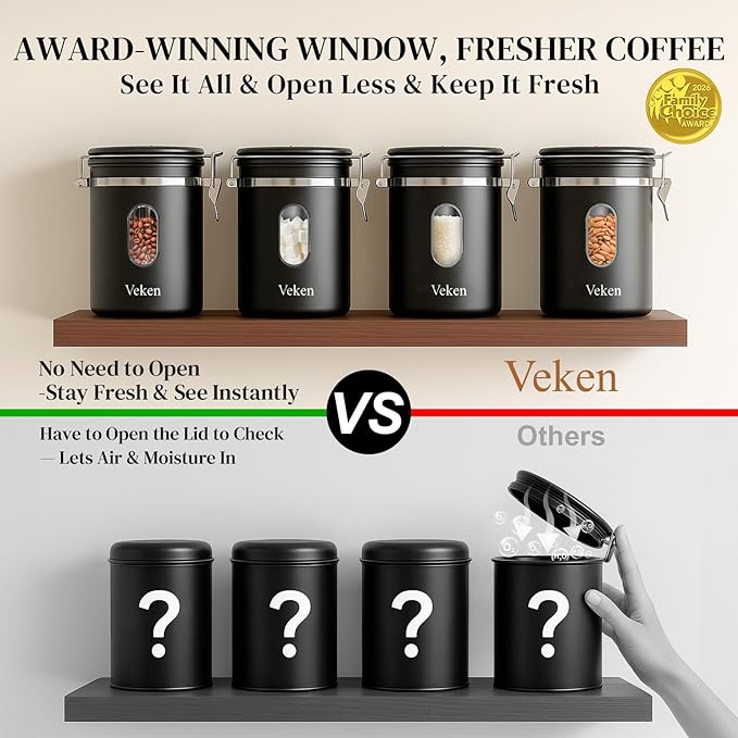 Veken Coffee Canister with Window, Airtight Stainless Steel Kitchen Food - Image 2