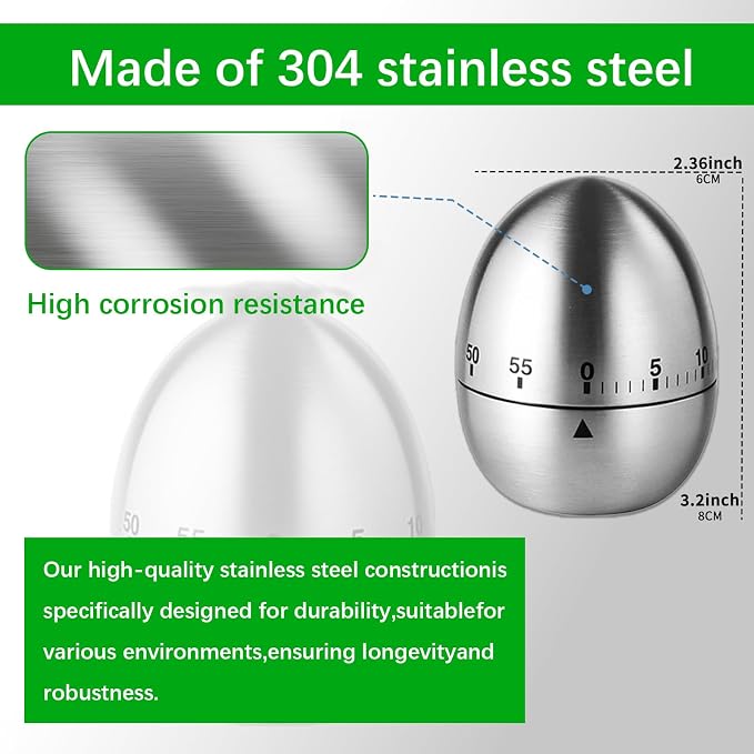 Stainless Steel Mechanical Kitchen Timer, Classic Egg Shape 60-Minute Manual - Image 2