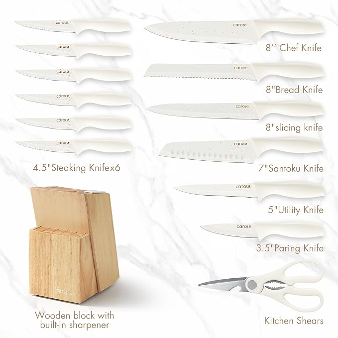 CAROTE 15Piece Knife Set, Kitchen Knife Block Set, Elegant White Ceramic-Coated - Image 2