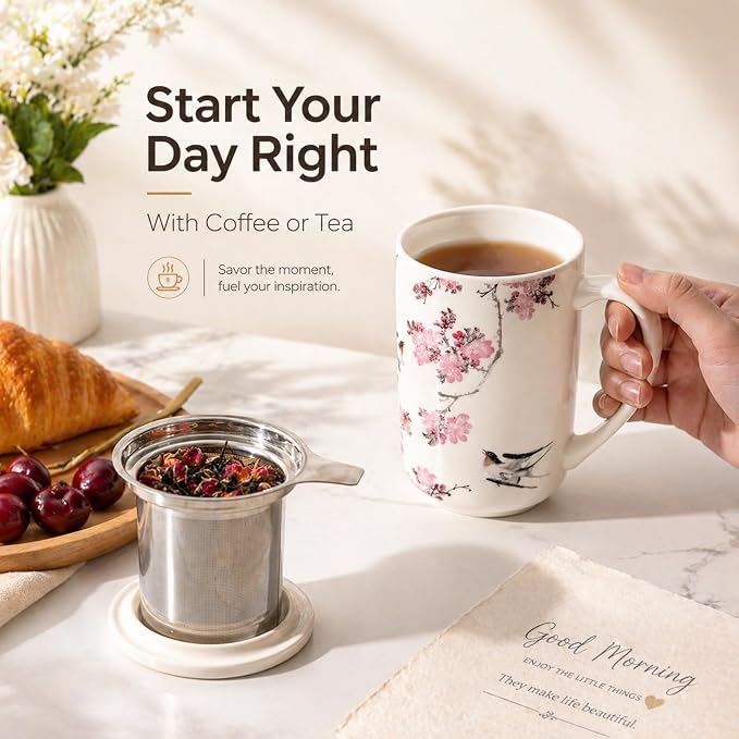 AmorArc Porcelain Tea Mug with Infuser and Lids, 18 Oz Coffee Cup Strainer with - Image 4