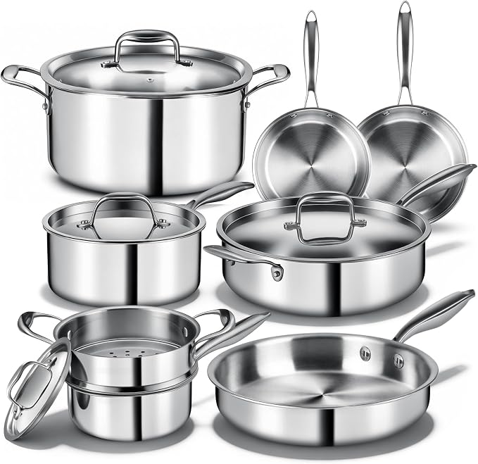 Triple Ply Stainless Steel Pots and Pans Set, EWFEN 12 Piece Induction Cookware by EWFEN