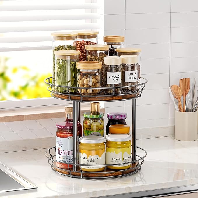 LAMU 12'' Lazy Susan Turntable Organizer, 2 Tier Round Rotating Spice Rack - Image 2