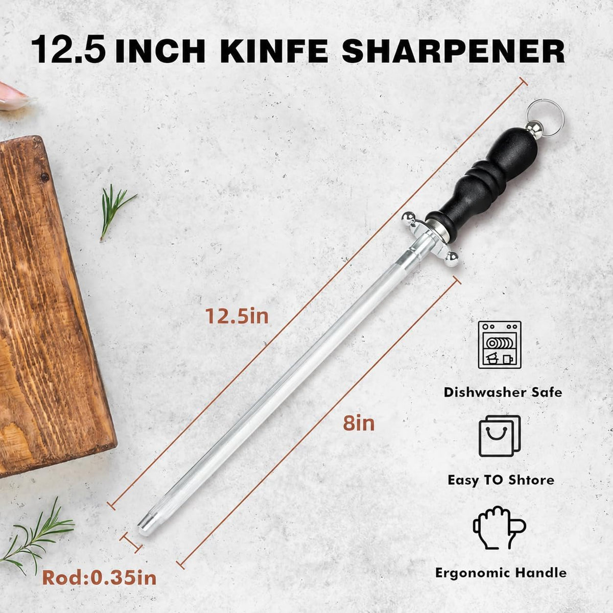 Knife Sharpener Rod, 12 Inch Carbon Steel Honing Rod for Kitchen