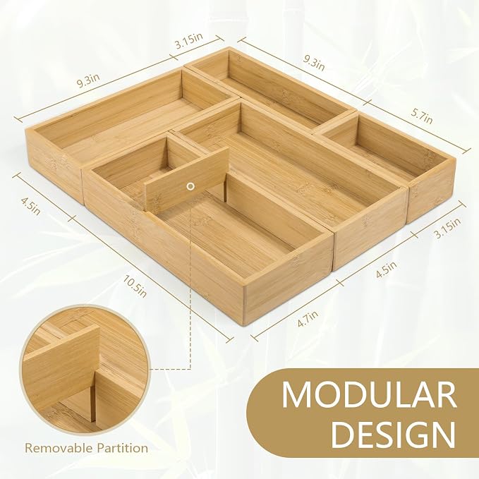 5 Pack Bamboo Drawer Organizer Set - Image 4