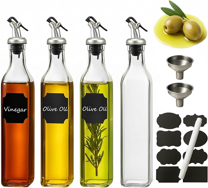 WERTIOO Olive Oil Dispenser Bottle, 2 Stainless Steel Funnel & 1 Pen and 8 Label by WERTIOO