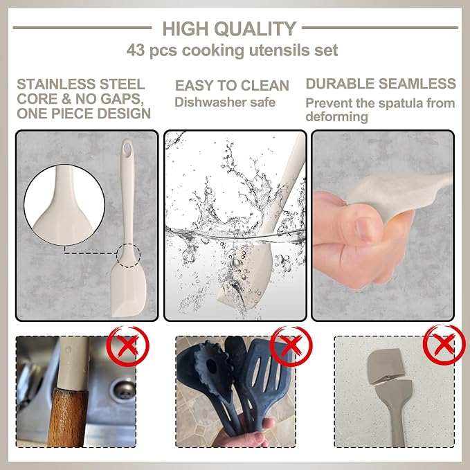 Silicone Kitchen cooking Utensils Set, AIKKIL 43 Pcs Heat Resistant Khaki - Image 4