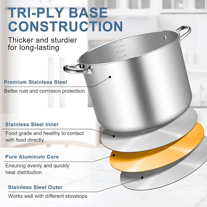 TeamFar Stainless Steel Stock Pot, 24QT Large Stockpot Tri-ply Bottom Cooking - Image 5