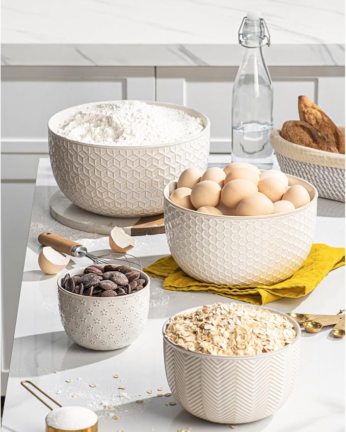 Ceramic Mixing Bowls, Embossed Nesting Bowls Set of 4, Mixing Bowl Set - Image 6
