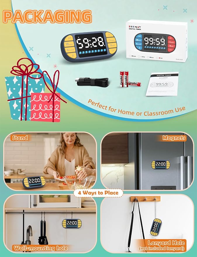DOOMAY Digital Kitchen Visual Timer: 3.6'' Large LED Display, 3 Brightness - Image 7