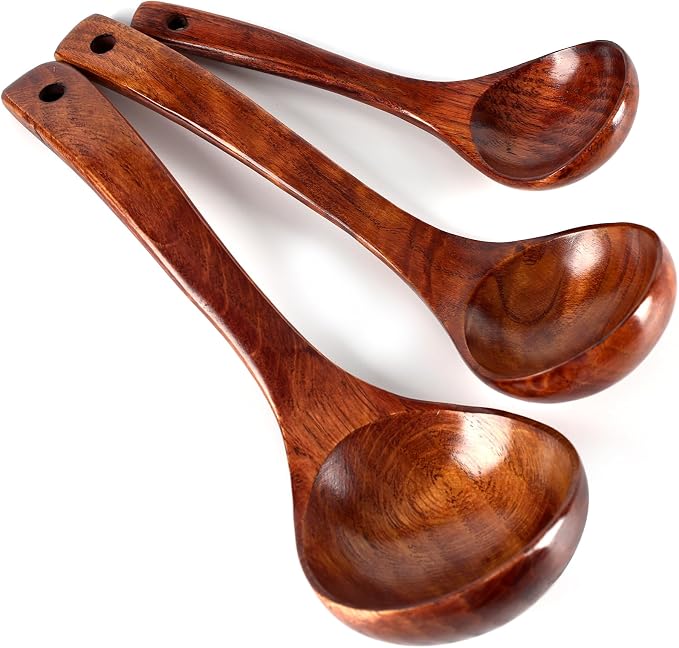 HANSGO Wooden Ladle for Soup, 3 Size Wooden Spoons for Deep Pot & Bowl by HansGo
