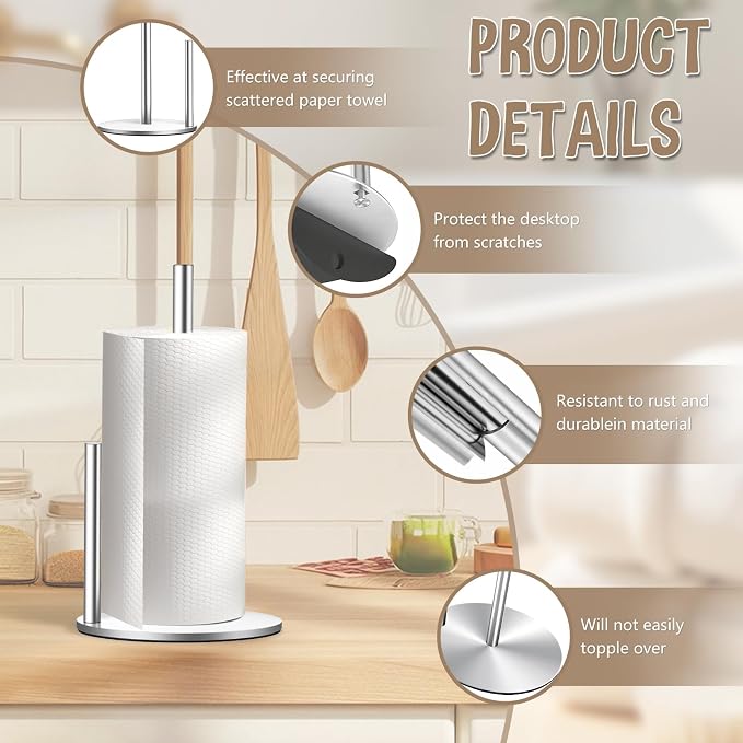 Paper Towel Holder Countertop, Premium Stainless Steel Silver Paper Towel Holder - Image 3