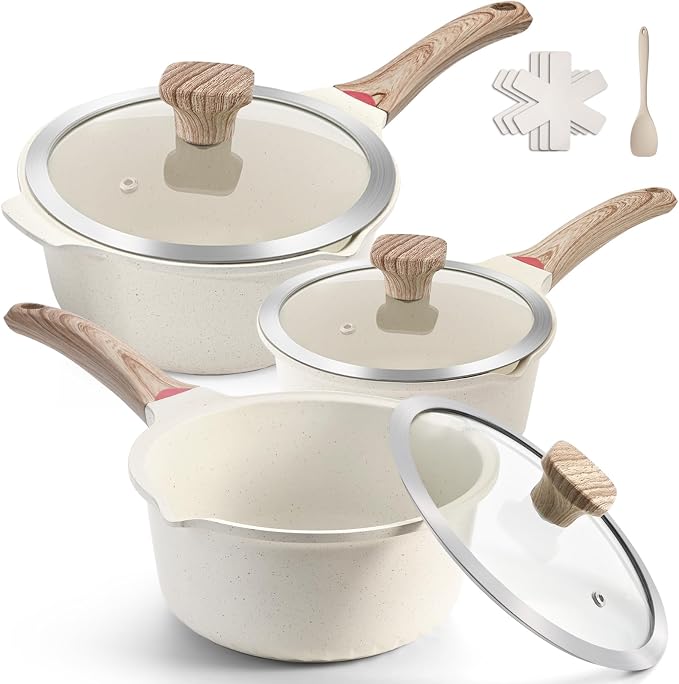 VINCHEF Sauce Pan Set with Lid 10PCS, 3 White Non Stick Cooking Pots Induction by VINCHEFMeetBetterLife