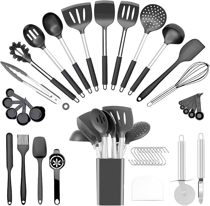 Silicone Cooking Utensils Set Utensil: 40 Pcs Black Stainless Steel Cookware Set by InspiredLivingKitchenHealth