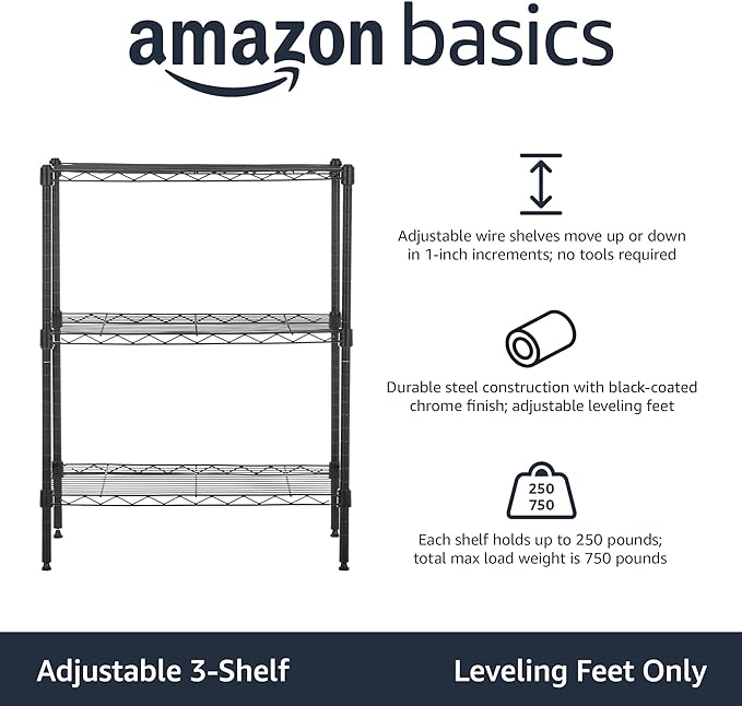 Amazon Basics 3-Shelf Adjustable Heavy Duty Steel Wire Rack Storage Shelving - Image 4