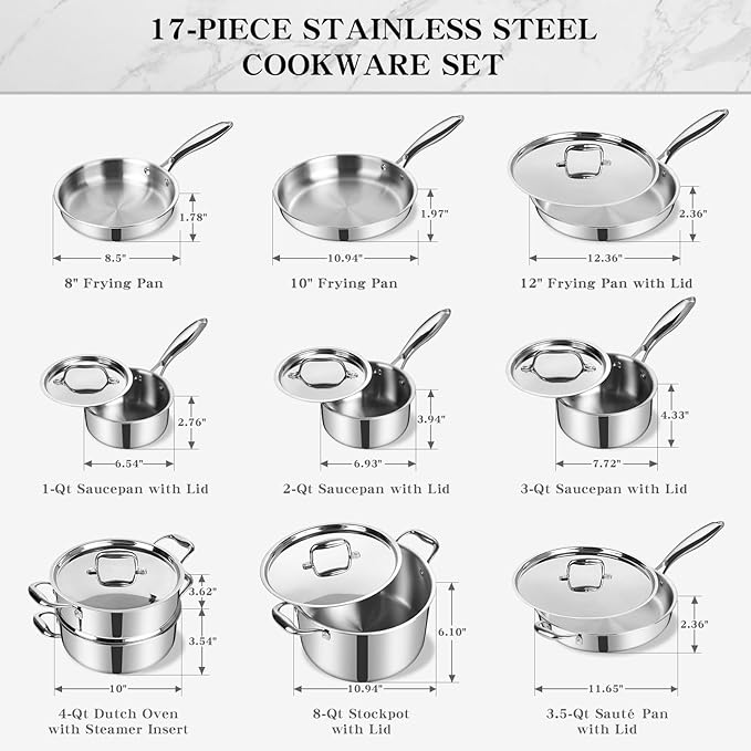 EWFEN Stainless Steel Cookware Set, 3 Ply 17 Piece Stainless Steel Pot and Pan - Image 3