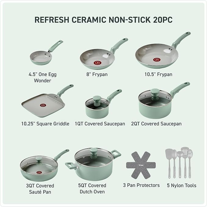 T-Fal Refresh Ceramic Nonstick Cookware Set, Oven Safe to 350°F, Ceramic Pots - Image 2