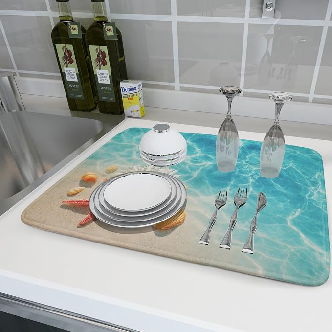 Giwawa Coastal Starfish Dish Drying Mat 18"x24" Ocean Blue Sea Coral Seashell - Image 6