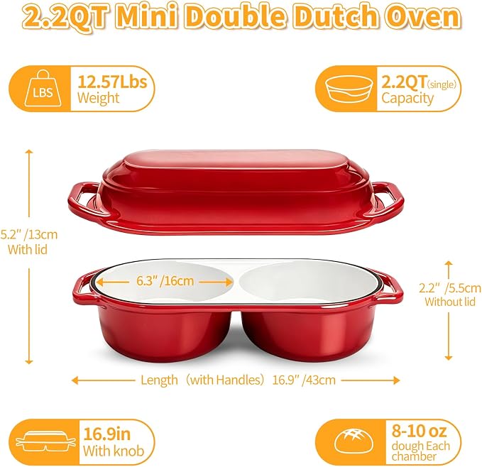 Mini Double Dutch Oven For Sourdough Bread Baking, 2.2QT Enameled Cast Iron - Image 5