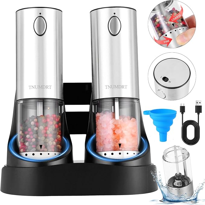 Electric Salt and Pepper Grinder Set Stainless steel, Large Capacity Automatic by TNUMDRT