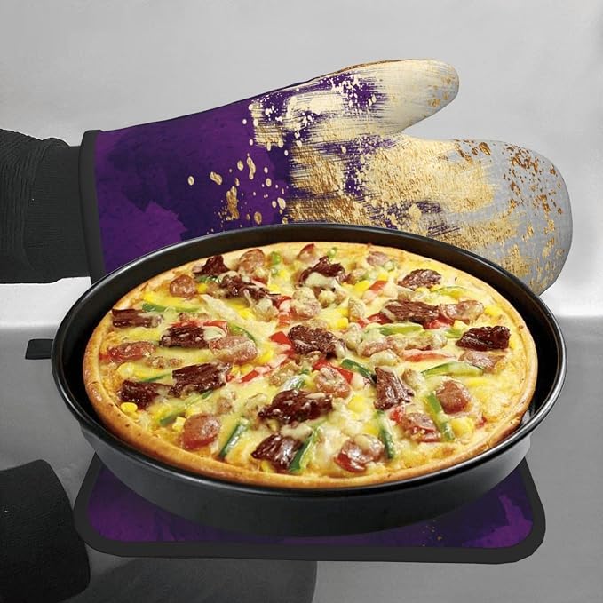 3 - Piece Purple and Gold Splash Patterned Oven Mitts and Pot Holders Set - Image 3