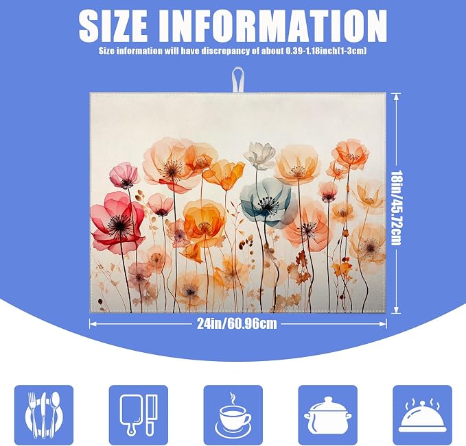 Poppy Dish Drying Mat for Kitchen Counter Wild Flower Drying Pad Absorbent - Image 2