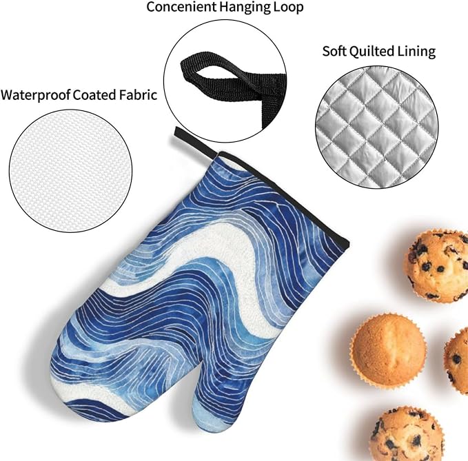 Blue and White Ocean Wave Oven Mitts and Pot Holders Sets of 3, Heat Resistant - Image 6