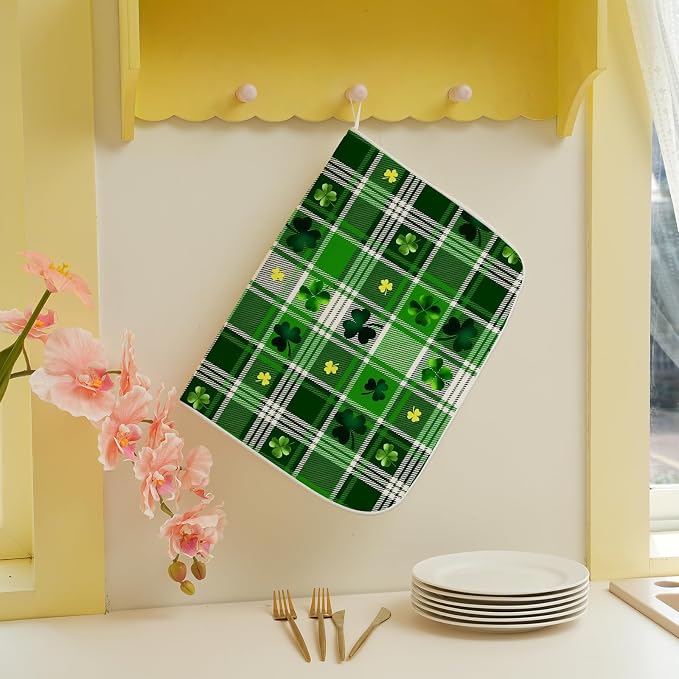 St Patricks Day Dish Drying Mat 18x24 Inch Green Lucky Shamrock Buffalo Plaid - Image 5