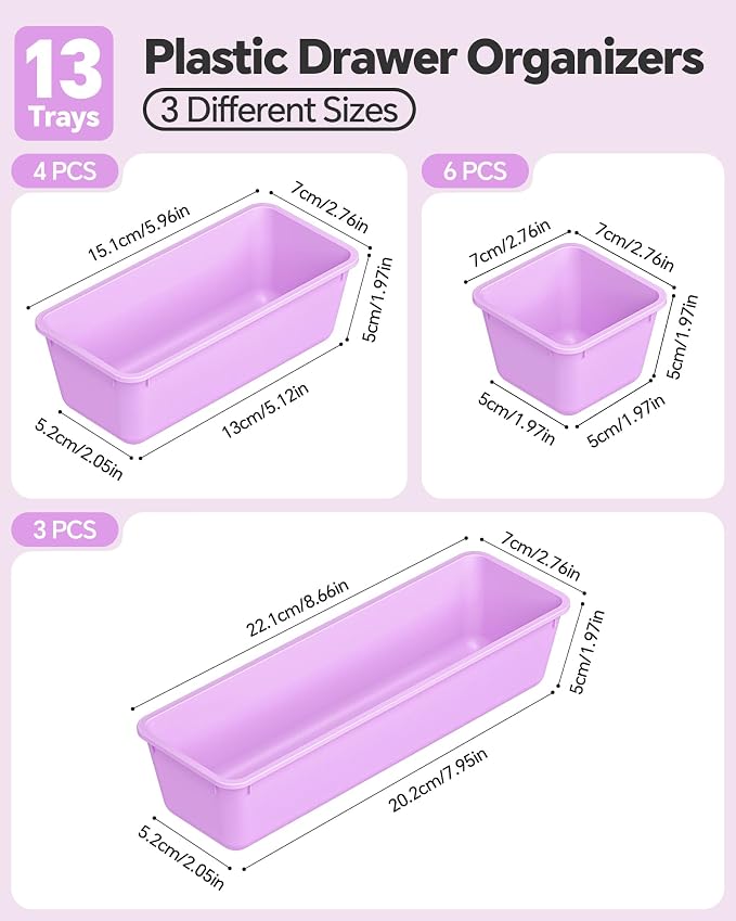 Canfanni 13 Pack Plastic Drawer Organizers Set, 3 Sizes Desk Drawer Organizer - Image 2