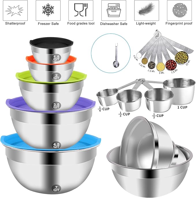 WEPSEN Mixing Bowls with Lid Set, Measuring Cups and Spoons, Egg Whisk - Image 6