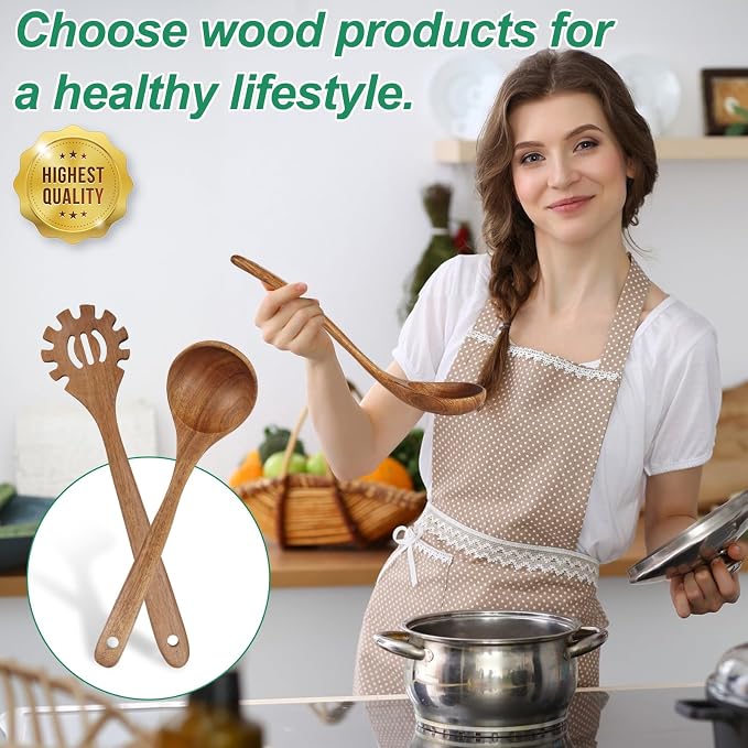 Wooden Ladles for Cooking, 2-Piece Soup Ladle & Pasta Spoon Set, Natural Teak - Image 4