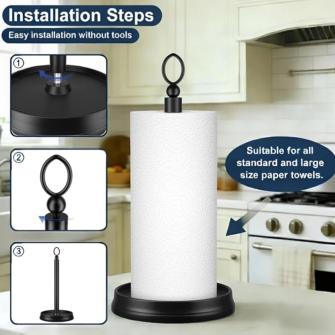 KASUNTO Paper Towel Holder Steel Paper Holder countertop，Black Paper Towel - Image 3