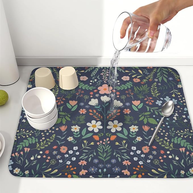 Floral Dish Drying Mat for Kitchen Counter Rustic Flower Leaves Print - Image 6