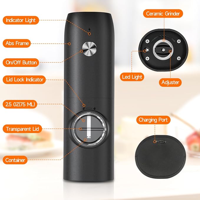 Electric Salt and Pepper Grinder Set, USB Rechargeable One Hand Operation - Image 7