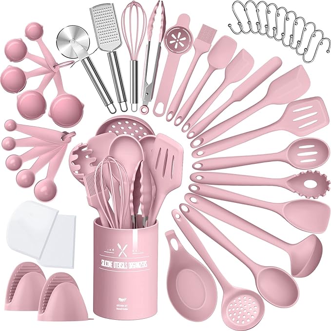 Silicone Cooking Kitchen Utensil Set, AIKKIL 43 Pcs Pink Cooking Utensils Set by AIKKIL