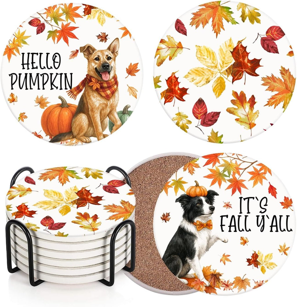 Fall Coasters for Drinks, Set of 6, Ceramic Stone Pumpkin Dog