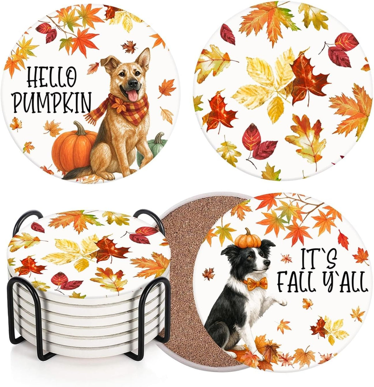 Fall Coasters for Drinks, Set of 6, Ceramic Stone Pumpkin Dog