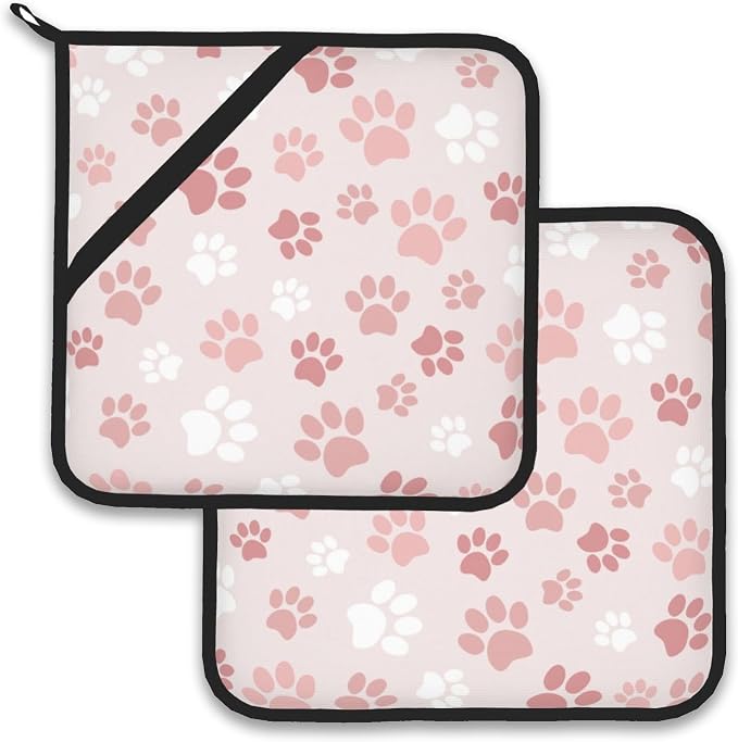 Cute Pink Cat Dog Paw Prints Pot Holder Set of 2, Heat Resistant Potholders by Larkverk