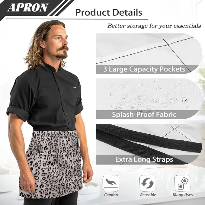 Server Apron with 3 Pockets, Waterproof Oil Waitress Waiter Half Apron - Image 6