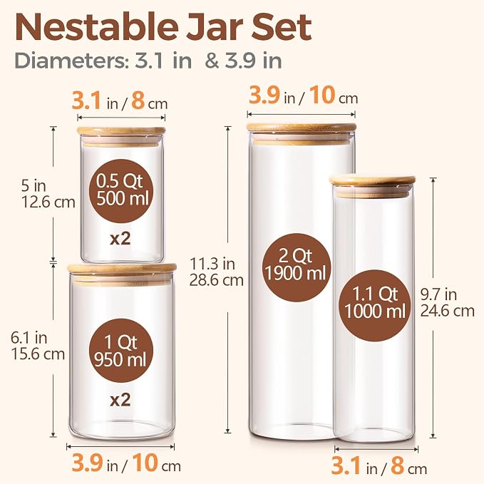ComSaf Glass Food Storage Jars Set of 6, Canisters Sets - Image 2